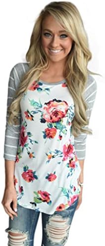 T-Shirt KIOP Women Splice Stripe Floral Blouse (L)
