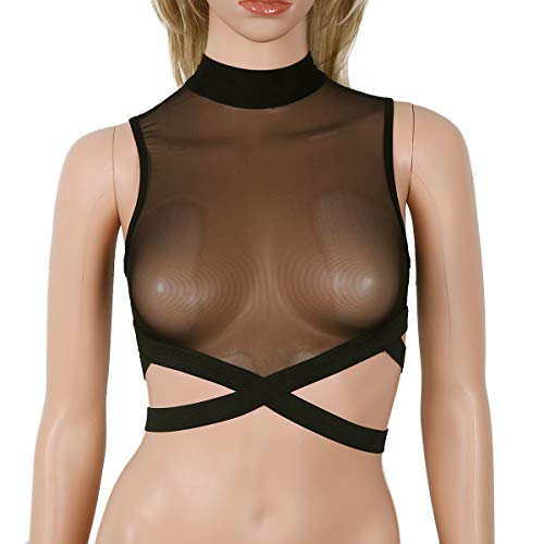 ACSUSSWomen's Turtle Neck Sheer Mesh Crop Top See Through Crisscross Vest Blouse Clubwear