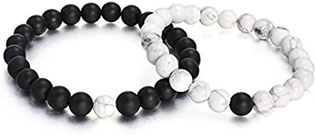 VirgoL Couples Beaded Charm Bracelets Black Matte Agate &amp; White Howlite 8mm Beads