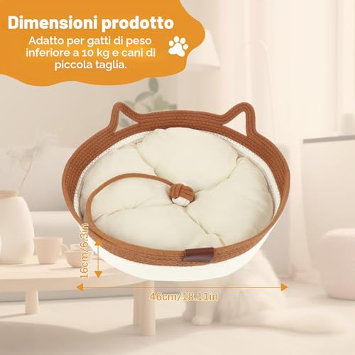 Zocipro Cotton Rope Cat Bed with Cushion, 46 x 46 x 16 cm, Large Round Washable Bed with Ball Toy in Cotton Rope