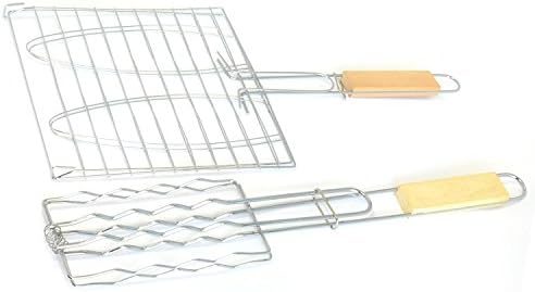 GIVESURPRISE BBQ GRILL BASKET TWINS Steel Grill Wire Mesh Folders Fish Sausage Grill Net Clips, Two Sized Barbecue Grills for Grilling Various Foods