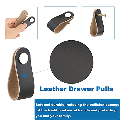 Leather Drawer Pulls, Leather Cabinet Pulls Black, Leather Knobs Handles for Dresser Drawers, Pack of 6