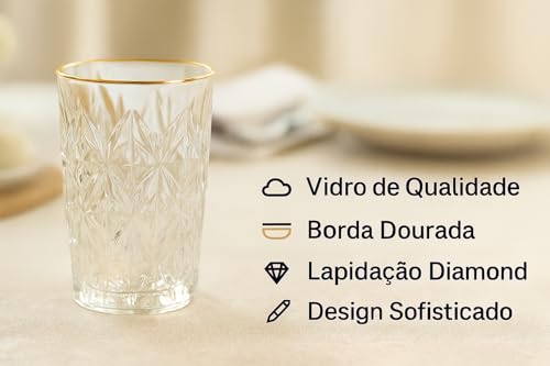 Conjunto 6 Copos de Vidro Lapidado com Borda Dourada, Fio de Ouro – 350 ml | Copos Elegantes para Água, Sucos e Drinks Sofisticados