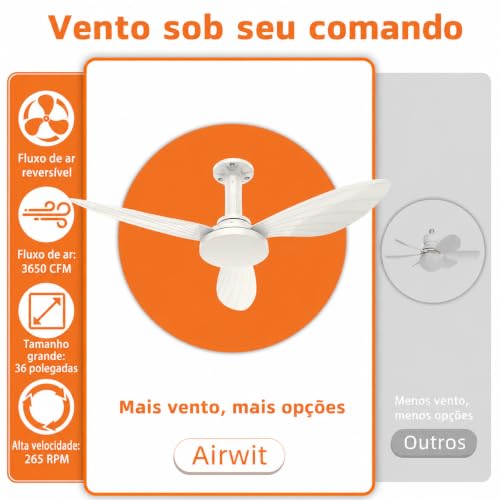 Ventilador de Teto com Luz 36", Instalação Fácil, Fluxo de Ar Potente, Motor DC Reversível, Controle Remoto e Luz Regulável