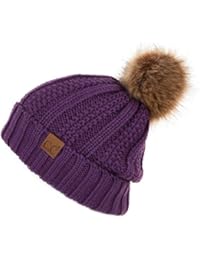 C.C Exclusives Fuzzy Lined Knit Fur Pom Beanie Hat (YJ-820) (Purple)