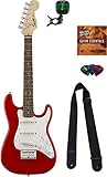 Squier by Fender Mini Strat Electric Guitar - Red Bundle with Tuner, Strap, Picks, Austin Bazaar Instructional DVD, and Polishing Cloth