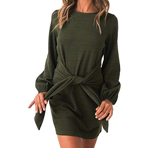 EbuyGo Women\'s Long Sleeve Casual Round Neck Wear to Work Casual Pencil Dress Belt