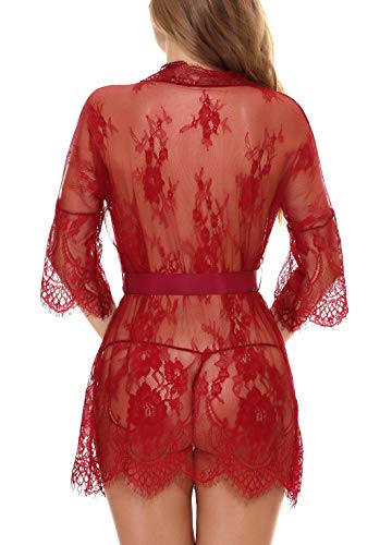 FEOYA Damen Gown Dessous Kimono Spitze Robe Mesh Bikini Cover up Spitze Bat Negligee Lingerie set – Bild 4