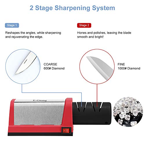 E-Gtong Electric Knife Sharpener, Professional 2-Stage Knives Sharpening System for Straight and Serrated Knives, with Diamond Abrasives for Knife Sharpening, Red