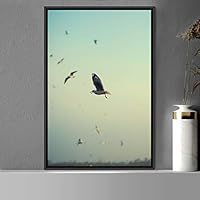 Framed Canvas Wall Art Flock of Birds Beach Birds Expressive Group Living Room Multicolor Photography - 16x24 inches