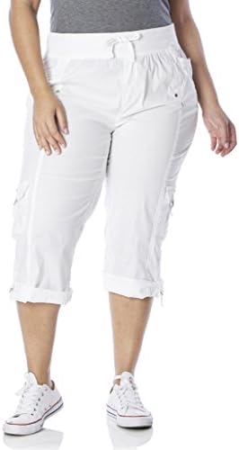 [28206XRA-WHITE-2X] Rouge Collection Women Plus Size Capri Pants, Adjustable Length, Elastic Waist