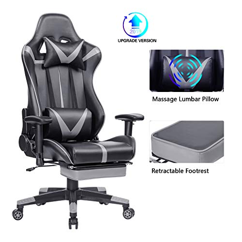 Blue Whale Gaming Chair PC Computer Chair with Footrest Ergonomic Video Game Chair High Back Racing Gamer Chair Reclining Leather Office Chair with Headrest and Lumbar Support (8192Grey) - Thumbnail 7