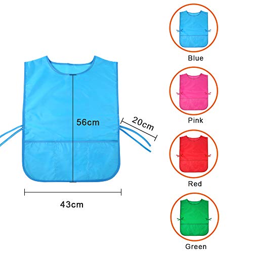 Pllieay 4Pcs 4 Colors Water Resistant Kids Art Smocks with 3 Pockets, Middle Size Children