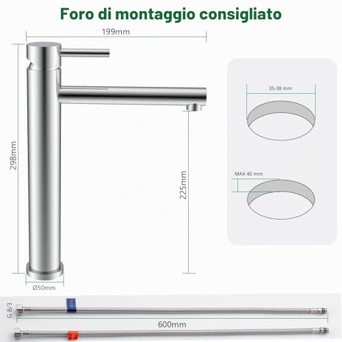 Kelleria High Chrome Bathroom Tap, Single Lever Mixer Tap for Washbasin, Basin Tap with Spout Height 225 mm, Stainless Steel Basin Taps