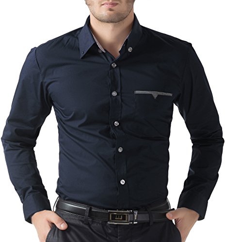Men s business casual shirt navy blue fitted dress shirts size xl…