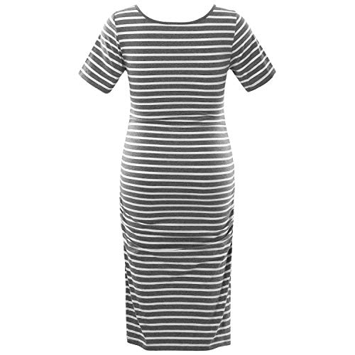 Striped Maternity Dress Short Sleeve Bodycon Ruched Side Knee Length Dress Dark Grey with White Stripe XL - Thumbnail 2