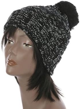 Pom Pom Cable Knit Winter Beanie Hat and Cap, One Size, Two Color, Black and White