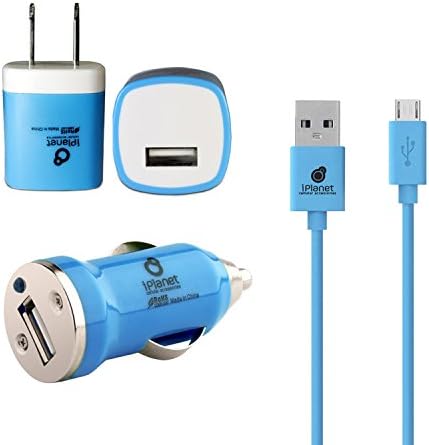 3 in 1 Wall and Car Micro USB 2.1A Samsung iPlanet Travel Charger set with High Speed USB Wall AC and DC Car Power Adapter plugs with Sync Data Charging Cable for Samsung and V8 Port devices (Blue)