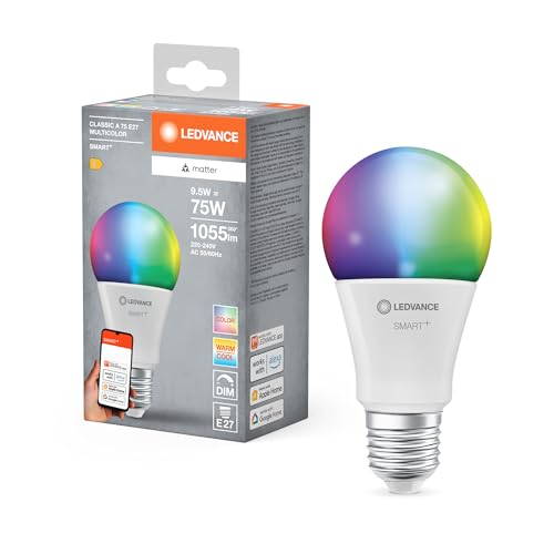 LEDVANCE SMART+ MATTER LED-Lampe, kompatibel mit Google, Alexa, Apple, weisse Frost-Optik, 9,5W, 1055lm, E27, Farblicht, Weisslicht, App- oder Sprachsteuerung, bis zu 20.000 Std.Lebensdauer, single pack
