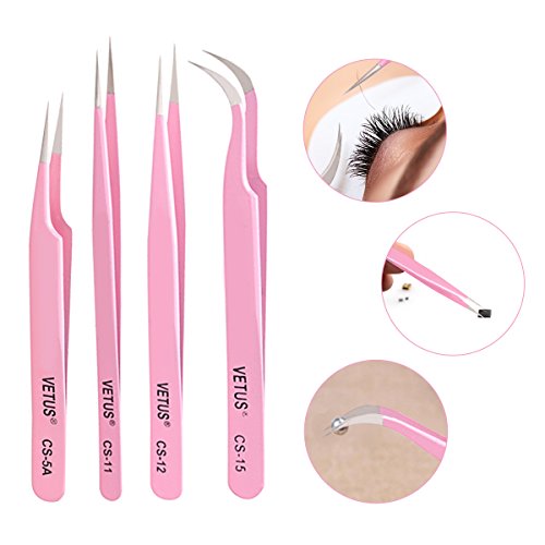 LuckyFine - 4 Pcs Tweezers Set Anti-Static Tweezers Stainless Steel Tweezers for Eyelash Extension,Electronics, Jewelry-making - Straight and Curved Tip Tweezers - Pink - Thumbnail 5
