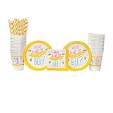 What Will It Bee? Party Supplies Pack for 16 Guests: Straws, Dessert Plates, Beverage Napkins, and Cups