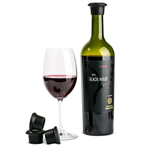 Silicone Wine Stoppers (6 pieces, Black) - Durable Silicone Rubber Beverage Preserver that is Guaranteed Spill and Leak Proof, Reusable Wine Saver with Vacuum Seal