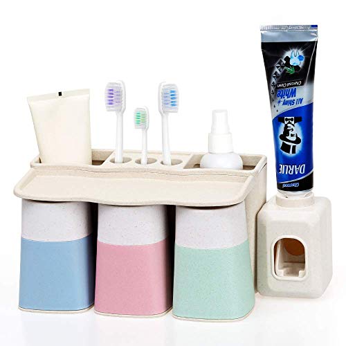 LIKE company Toothbrush Holder Wall Mounted Toothbrush and Toothpaste Holder Bathroom Toothbrush Organizer Wheat Straw with Dispenser and 3 Cups for Self Adhesive for Families Kids - Thumbnail 7