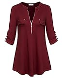 YaYa Bay Maternity Tunics, Neckline Design Ladies Long Sleeve Tunic Office Blouses With Pocket Zip Casual Blouses XXL Burgundy