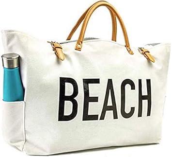 KEHO Large Canvas Beach Bag Travel Tote (White), Waterproof Lining, 3 Pockets, FREE Phone Protector