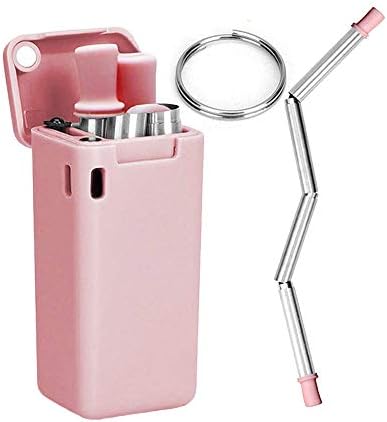 Foldable Collapsible Straws, HAlidey Foldable Stainless Steel Reusable Drinking Straws | Keychains and Portable Case (Pink)