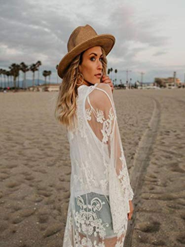 Womens Kimono Cardigan, Women Lace Bohemian Beach Long Oversized Kimono Coat (White, Free Size) - Thumbnail 2