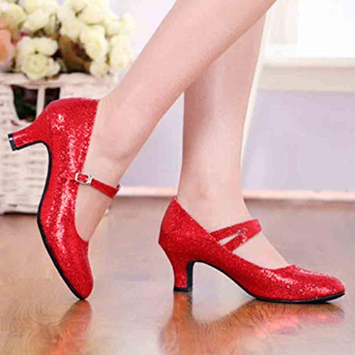 Womens Glitter Sequins Dance Shoes Buckle Strap Mid-High Heels Shoes Ballroom Latin Tango Rumba Performance Shoes (US:8, Red) - Thumbnail 3