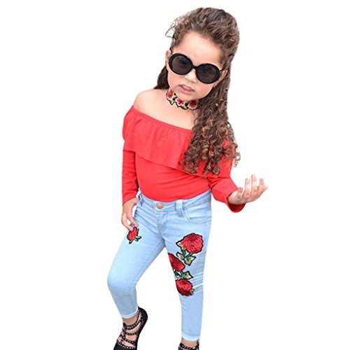 Moonker Toddler Kids Baby Girl Off Shoulder Tops+Rose Flower Demin Pants 2pcs Clothes Set