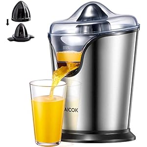 AICOK Electric Citrus Juicers 100 W Electric Orange Juicer Stainless Steel Orange Squeezer, Electric Citrus Juicers with Ultra Quiet Motor, Two Size Cones and Dripless Spout, BPA-Free
