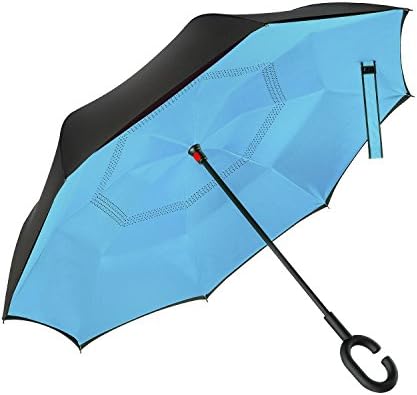 Inverted Upside Down Reverse Umbrella - Open Reverse - for Easy Opening from Inside Car - Cab - Auto - House Door - Office Door(Light Blue)