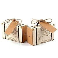 Hokic 50pcs Travel Suitcase Favor Boxes with Burlap Twine, Mini Vintage Kraft Candy Favor Boxes Gift Bags for Wedding Bridal Shower Travel Theme Party Supplies