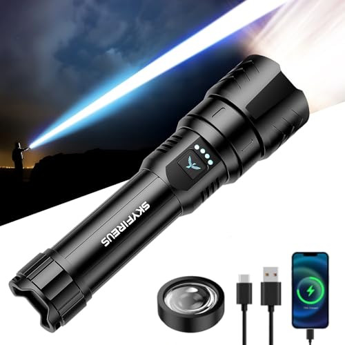SKYFIRE High Power LED Flashlights 900000 Lumens, USB Rechargeable LED Flashlight, Powerful Flashlight with Ignition Lens, Tactical Flashlight 4 Modes for Emergencies/Camping/Hiking