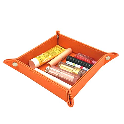 PUSU Valet Trays for Beside Table Desktop Storage, Leatherette Keys Caddy Bedside Dresser Organizer Catchall Tray for Dice Change Coins Wallet Jewelry Makeup Trinkets (Orange) - Thumbnail 3