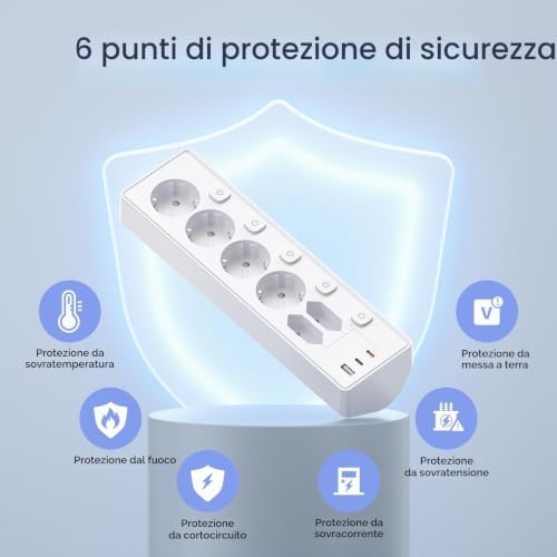 3M Ciabatta Multipresa con USB, 6 Prese di Corrente e 3 USB, PD 30W Ciabatta Elettrica with Protection, Multipresa Elettrica di da 2 M con Interruttore per Scrivania, Ufficio, Casa