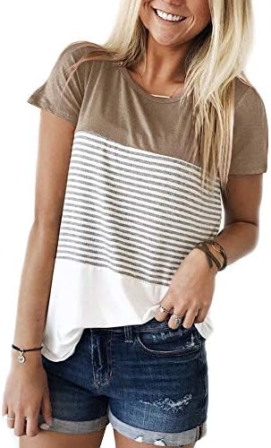 YunJey Short Sleeve and Long Sleeve Round Neck Triple Color Block Stripe T-Shirt Casual Blouse