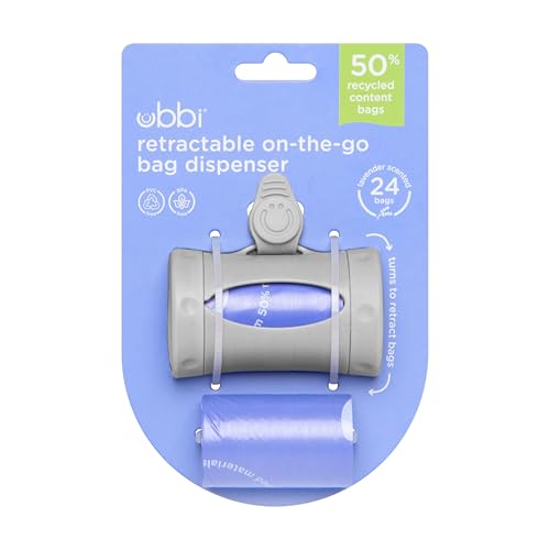 Ubbi Retractable On the Go Bag Dispenser for Travel, Diaper Bag Accessory Must Have for Newborn, Helpful Item, Baby Gift, Lavender Scented, Gray