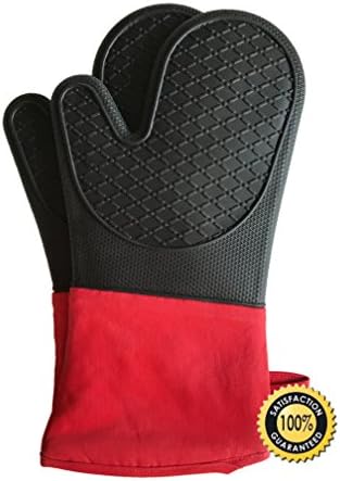 Silicone Heat Resistant BBQ Grill Oven Mitts by JY Modern, Extra Long 1 Pair, Heavy Duty Professional Grade Potholders, 100% Quality Gloves, Non-Slip, Water Resistant, Protects to 482° BBQ, Kitchen