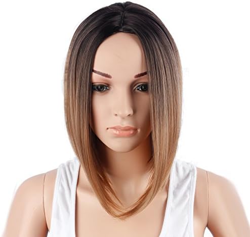 Deyngs Hair Black and Brown Ombre Bob Wig Short Straight Synthetic Full Wigs for Women