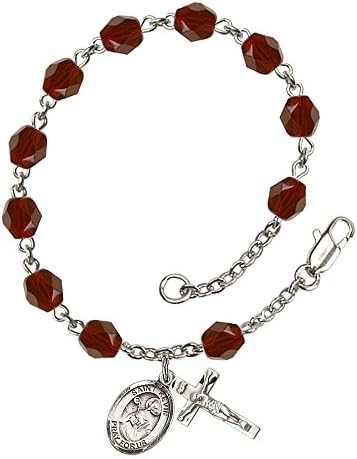 Silver Plate Rosary Bracelet features 6mm Garnet Fire Polished beads. The Crucifix measures 5/8 x 1/4. The charm features a St. Kevin medal.