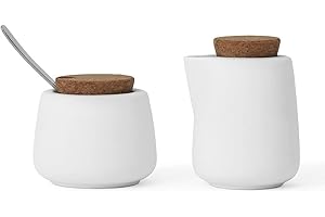 VIVA SCANDINAVIA Viva Nicola White Sugar and Creamer Set, Porcelain Coffee and Tea Serving Set - Cream Pitcher and Sugar Bowl with Cork Lid and Metal Spoon, 7oz / 200ml Milk and Sugar for Coffee Bar