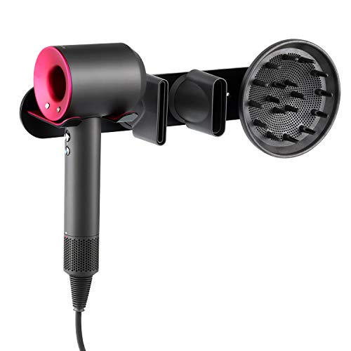 Oak Leaf 4-in-1 Hair Dryer Holder for Dyson, Wall Mount Metal Magnetic Blow Dryer Holder with Fuchsia Anti-Scratch Rubber Protection for Bathroom, Black