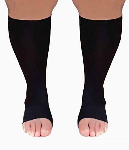 Runee Extra Wide Open Toe Knee High Compression Sock, Wide Calf Size (Black)
