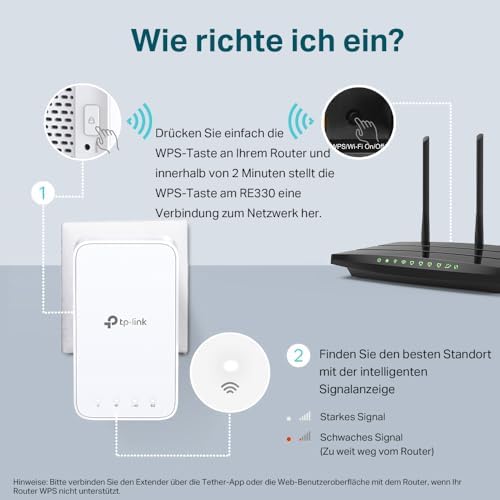 RE330 WLAN Verstärker Repeater 𝐀𝐂𝟏𝟐𝟎𝟎 (867MBit/s 5GHz + 300MBit/s 2,4GHz, WLAN Verstärker, App Steuerung, Signalstärkeanzeige, kompatibel zu Allen WLAN Geräten, AP Modus)