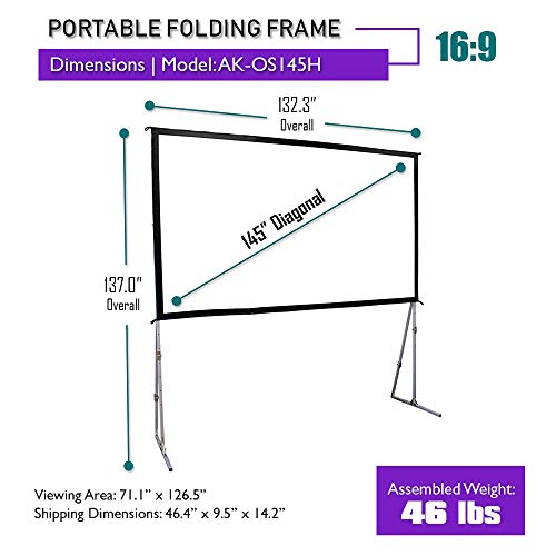 Akia Screens Projector Screen with Stand 145 inch Outdoor Fast Folding Portable 16:9, 8K 4K Ultra HD 3D Indoor Movie Theater Adjustable Height Foldable 145” Projection Screen Bag Included AK-OS145H - Thumbnail 4