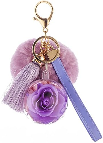 Fresh Rose Keychain Handbag and Purse Charm with Tassels and Rabbit Fur Pom Pom